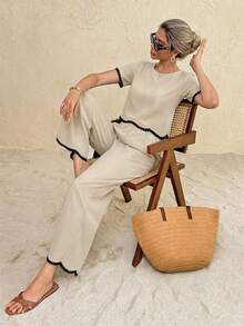 SHEIN Frenchy Bộ đồ 2 món dành cho nữ, kiểu dáng thường ngày, phối áo và quần, thích hợp cho kỳ nghỉ. - Màu be - Xem 5