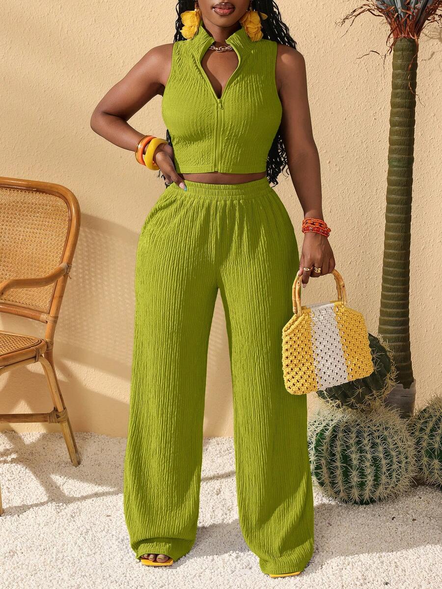 Slaydiva 春夏新款音乐节、复活节、纳什维尔、生日派对、毕业季、学生装、日常休闲、百搭、休闲、邮轮旅行、海滩、日光浴、极简休闲、运动、前拉链、纹理面料、女士套装 - 橄欖綠 - 查看 1