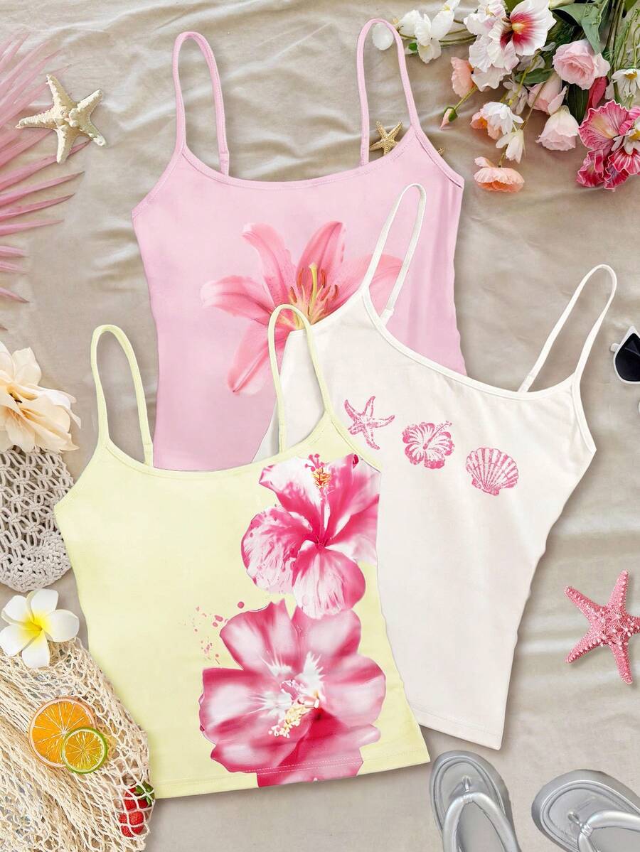 休闲度假热带花卉图案，包括芙蓉花、鸡蛋花、海星和珍珠贝壳，沙滩主题，少女修身休闲运动吊带三件套，白色、浅粉色、米色可选，适合春夏日常穿着、叠穿、外出和度假。 - 彩色 - 查看 1