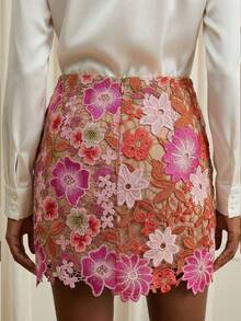 Aveloria Rosie 法国奢华重工撞色钩编镂空蕾丝花卉高腰女士蕾丝边短裙 - 粉色 - 查看 2