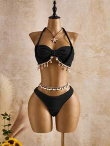 Bellisia 女士时尚米色波浪纹贝壳星形装饰吊带比基尼泳衣套装，春夏秋季 - 黑色 - 查看 5