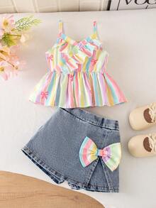 SHEIN Playful Pals 2件套女婴外出服，春夏休闲可爱风，蝴蝶结印花无袖吊带上衣和蝴蝶结装饰短牛仔裤 - 粉色 - 查看 9