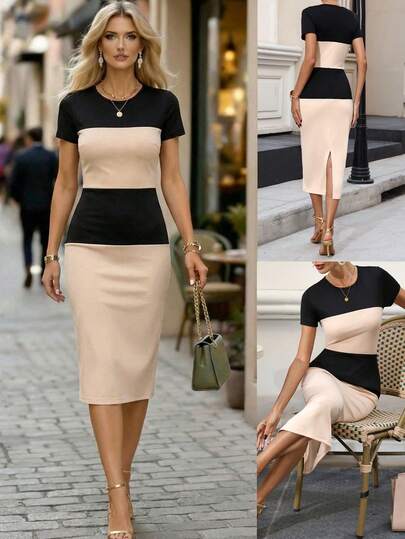 Editum Women's New Elegant Waist-Cinching Colorblock Bodycon Dress, Suitable For Daily Commute And Multiple Occasions Women's Day Elegant Gift For Mom Festival Outfit Beach Date Night  Summer Outfit For Women Color Block Dress Midi Bodycon Dress Pencil Dress For Women Bodycon Summer Dress Tummy Control Dress Elegant Midi Dress Slim Dress Business Casual Women Midi Dresses