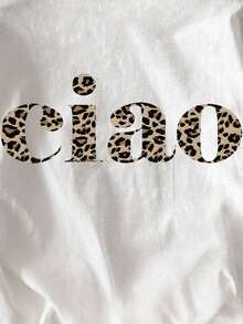 Women's Letter & Leopard Print Casual Round Neck Short Sleeve T-Shirt, Summer - White - View 5