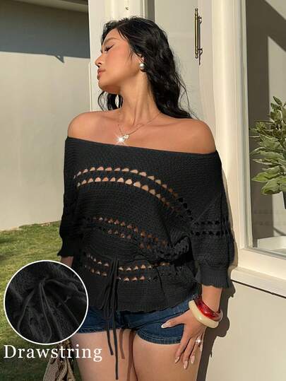 Sunnyshic Blusa casual, elegante y romántica para uso diario, paseo o vacaciones. Diseño versátil con hombros descubiertos, mangas cortas, cordón ajustable y volantes. Suéter de punto y ganchillo en color albaricoque, talla grande, para primavera y verano.