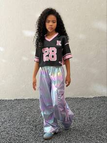 Coolane Kids 少女春夏V领网眼字母数字印花宽松短款T恤 - 黑色 - 查看 3