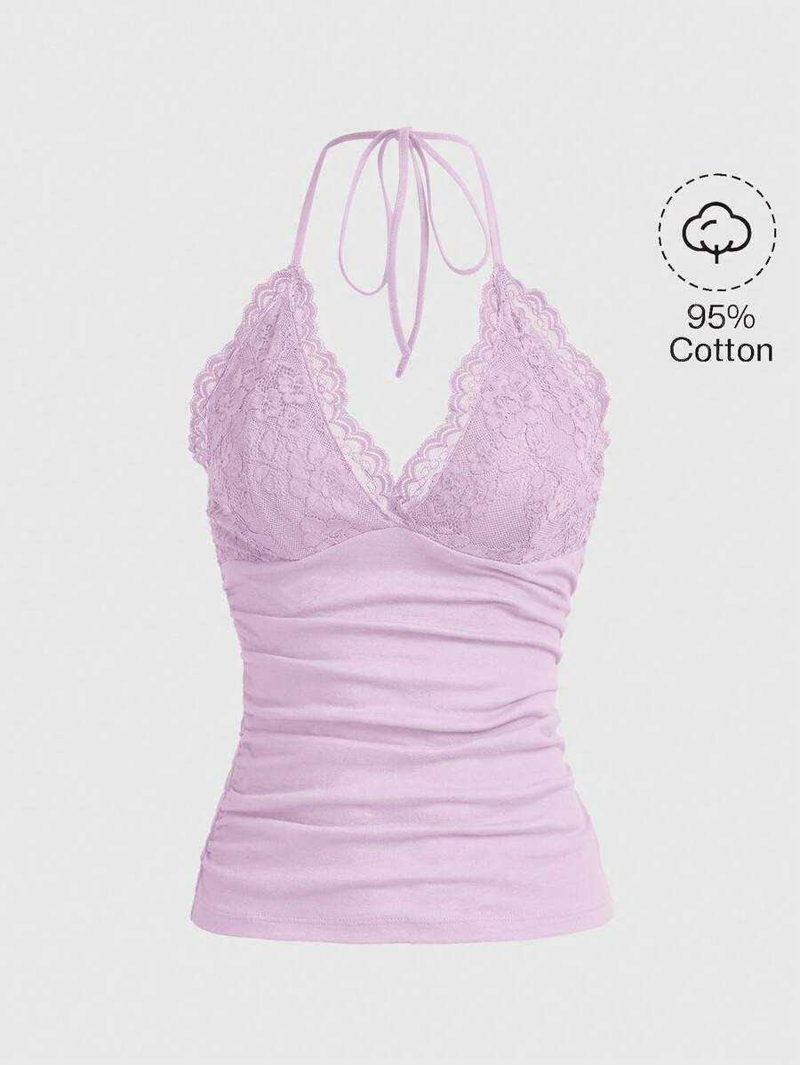 ROMWE PUNK Women's Elegant Solid Color Contrast Lace Halter Top, Summer - Lilac Purple - View 1