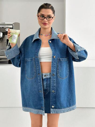 SHEIN Women's Autumn Dropped Shoulder Long Sleeve Single-Breasted Denim Jacket And Denim Mini Skirt Casual Suit