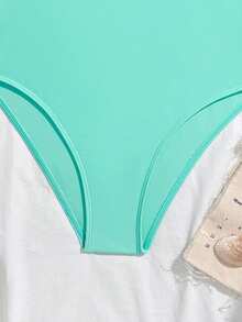 SHEIN 少女纯色可调节肩带交叉露背修身吊带泳衣，针织面料，适合夏季度假、海滩、游泳池、节日派对和休闲活动 - 薄荷綠 - 查看 4