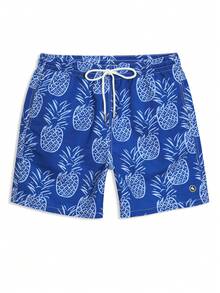 Manfinity Swimmode Men's Pineapple Print Drawstring Waist Pocket Beach Shorts - Blue - View 6