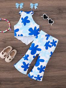 SHEIN Conjunto de 2 piezas para bebé niña, top halter de punto con diseño de corazón y pantalones acampanados de moda - Multicolor - Ver 2