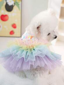 PETSIN 1件生日快乐主题宠物彩虹网纱蓬蓬裙腰带闪亮公主风蓬蓬裙，薄款猫狗通用服装 - 彩色 - 查看 4