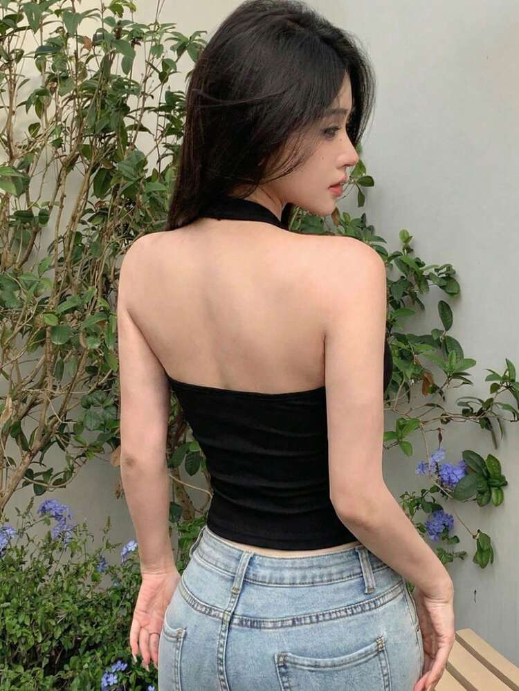 Women's Solid Color Ribbed Slim Fit Halter Neck Camisole Summer