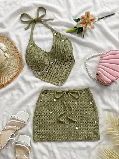 Soleia 女士度假亮片装饰吊带针织上衣和针织迷你裙两件套