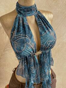 Soleia Blusa metálica con cuello de corbata y espalda descubierta, sexy y versátil para citas y salidas - Multicolor - Ver 4