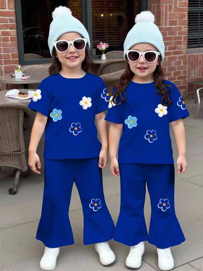Baby Girls' Blue Flare Pants Set, Cute Floral Print, Suitable For Spring, Summer, Autumn, Winter, Casual Outdoor Wear, 2pcs Set