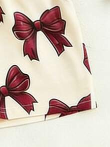 2件套女童休闲蝴蝶结印花T恤和纯色宽松短裤套装，居家日常穿着舒适 - 白色 - 查看 7