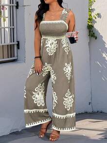 SHEIN PETITE Bộ áo liền quần dáng suông in họa tiết Totem, dây thun co giãn, cỡ lớn, thích hợp cho phụ nữ thấp bé, kiểu dáng rộng rãi và thoải mái, thích hợp mặc mùa hè. Áo liền quần cho nữ, trang phục mùa hè cho nữ. - Nhiều màu - Xem 8