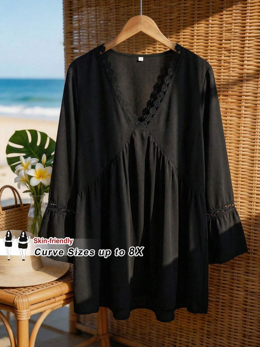 SHEIN CURVE+ 加大码 US22 音乐节、海滨度假、波西米亚风休闲白色喇叭袖波西米亚风亚麻衬衫 沙滩/海滩度假/海滩必备/毕业典礼/下午茶会 黑色娃娃衫上衣 - 黑色 - 查看 1