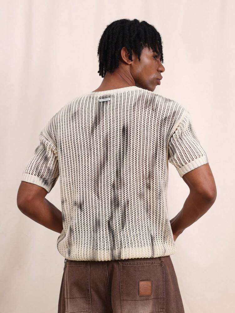 SUMWON Men Boxy Fit V Neck Tie Dye Knit Short Sleeve Openwork Top Casual Summer Relaxed Style Lightweight