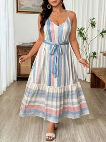 Weeklong Plus Size Women Casual Striped Spaghetti Strap Elastic Comfortable Dress - Multicolor - View 4