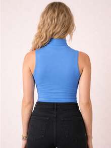 Top básico de cuello alto Top sin mangas para mujer, ajuste ceñido, tela suave y elástica, diseño elegante, ideal para outfits casuales y formales, blusa básica versátil - azul - Ver 3