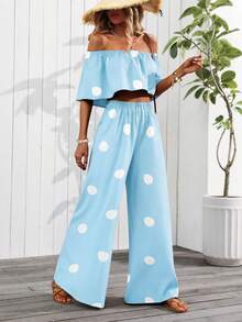 SHEIN Clasi Conjunto de 2 piezas con top hombros descubiertos y pantalones con estampado de lunares (patrón floral cortado al azar) - Celeste - Ver 5