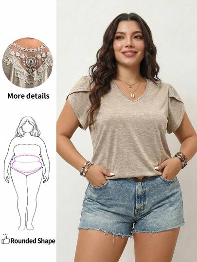 Enliva Camiseta De Manga Corta De Talla Grande De Encaje Con Diseño De Pétalos