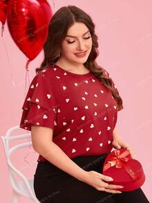 Enliva 曲线加大码女式心形印花圆领荷叶边袖休闲衬衫，情人节，女士度假装，情人节服装，心形，情侣，女士外出上衣，商务休闲女装，夏季，可爱衬衫，办公室 - 紅色 - 查看 3