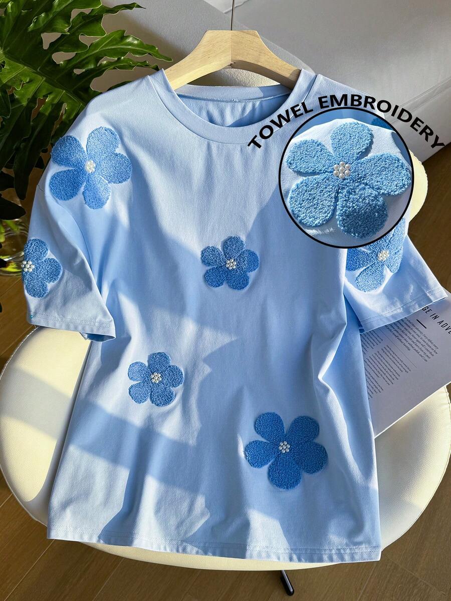 Muchica 大码女式花卉刺绣圆领短袖休闲T恤 - 藍色 - 查看 1