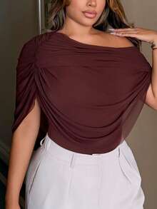 Maria Perezxox Bodysuit Elegan Pas Badan Berkerut Model Bahu Terbuka Warna Cokelat/Kopi Polos Musim Gugur/Dingin, Bodysuit Ramping Anggun yang Pas di Badan, Atasan Berlipit - Coklat - View 6