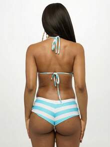 SUMWON WOMEN 条纹三角比基尼套装 沙滩夏季度假泳装 挂脖式上衣 侧系带下装 两件式泳衣 - 藍色 - 查看 2