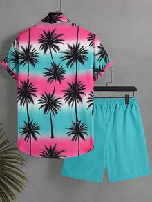 Manfinity Swimmode 男士加大码棕榈树印花短袖衬衫和短裤沙滩套装 - 彩色 - 查看 3