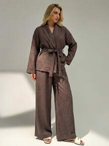 Auralis Plus Size Women's Solid Color Dolman Sleeve Shirt And Wide Leg Pants 2 Pieces Set - Coffee Brown - View 6