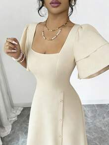 Rafferiza Women's French Style Beige Elegant Summer Tea Party Dress,Square Neck Layered Ruffle Short Sleeve Vintage Asymmetric Hem Button Design Dress - Beige - View 5
