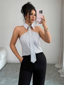 Balvessa Women's Summer New Commuting Casual Striped Shirt, Simple And Fashionable Versatile - Black and White - View 6