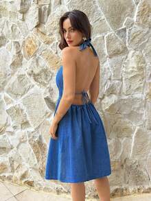 Serisse 女士性感深V领系带牛仔连衣裙 - 藍色 - 查看 2