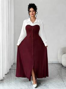 SHEIN Elenzya 女士纯色撞色拼接纽扣装饰长袖翻领连衣裙，春秋季 - 酒紅色 - 查看 3