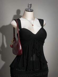 SHEIN ICON 大码女式纯色扭结前襟背心 - 黑色 - 查看 9