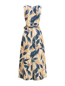 Ellevyn Vestido de mujer sin mangas con cuello redondo, estampado floral asimétrico, plisado y con lazo - Albaricoque - Ver 2