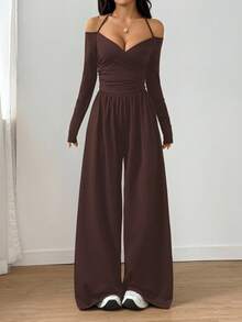 Flirla Women's Solid Color Off-Shoulder Long Sleeve Ruched Wide Leg Jumpsuit With Neck Tie - Coffee Brown - View 5
