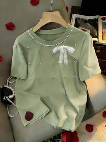 Resyla Women's Pink Bow Pearl Decor Sweet Y2K Short Sleeve T-Shirt, Suitable For Dates, Daily Wear, Commuting, Versatile, Fashionable, Casual Green T Shirt Lace Bow Top Pearl Embellished Top Light Green Tops Sage Green Tops Cute Shirt T Shirt For Women Clothes T Shirt Bow Detail Shirt - Olive Green - View 4