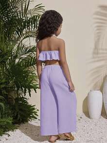 Conjunto de top halter de unicolor y pantalones de pierna ancha casual de vacaciones para niña - Púrpura malva - Ver 2