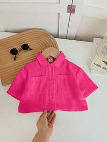 SHEIN LMoss Kids 女婴可爱白色短袖衬衫，夏季百搭 - 玫紅色 - 查看 5