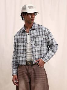 SUMWON Men's Crop Fit Long Sleeve Plaid Button Down Shirt With Back Graphics Washed Western Style Casual Streetwear - Black - View 2