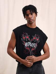 SUMWON Crop Fit Washed Tank Top With Gothic Flame Graphic And Text Print Sleeveless Muscle Tee Summer Festival Style - Black - View 5