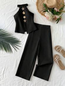 Travachic KIDS Bộ áo tank top màu trơn thanh lịch thường ngày dành cho bé gái tuổi teen. - màu đen - Xem 2