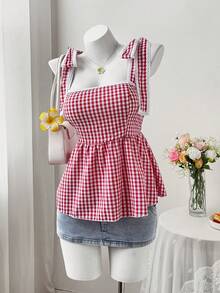 Sweetra Red Plaid Lace Trim Camisole Top, Sexy Cropped Fitted Tank Top For Women, Summer - Red - View 5