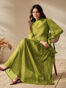 Anewsta 女士褶裥长裙，优雅时尚的正式礼服 - 芥末黃 - 查看 5