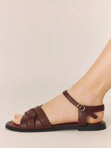 Styleloop صنادل نسائية مسطحة، صنادل رومانية، بوهيمي الطراز، أجواء العطلات، ملابس صيفية، ضروريات السفر، مزينة بإبزيم - بني غامق - مشاهدة 6